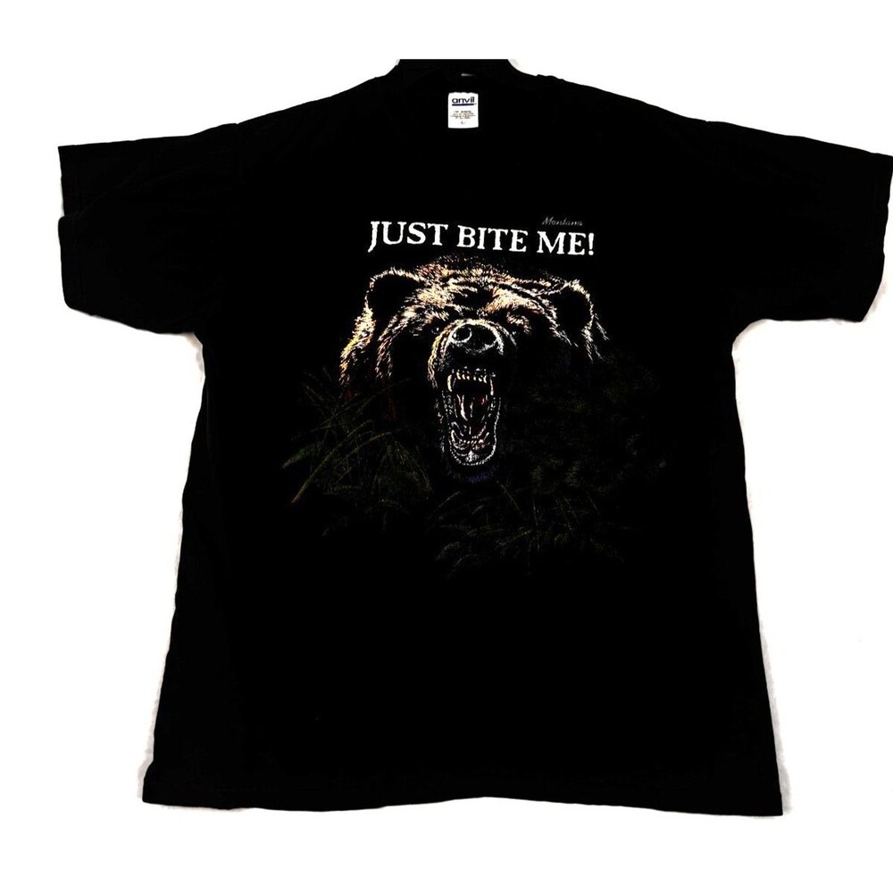 Anvil Men’s Large Black “JUST BITE ME” Bear Graphic T‑Shirt Alaska 100% Cotton